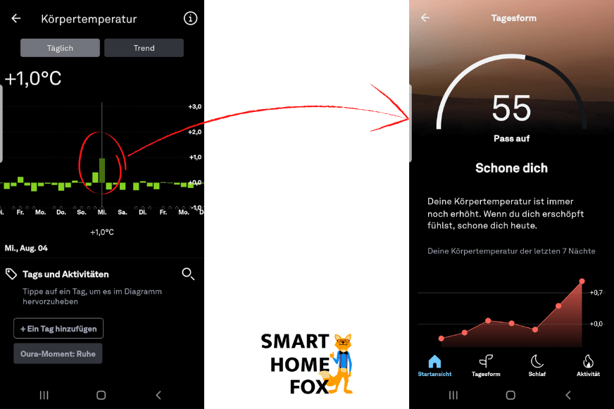 Man sieht die geöffnete Oura App, in der eine Warnung angezeigt wird, da die vom Aura Ring gemessene Körpertemperatur erhöht ist.